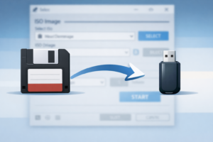 Дискета и USB-флешка, соединенные стрелкой, на фоне интерфейса программы для записи образов.