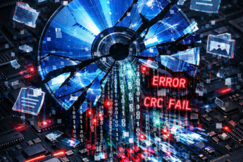 Разбитый синий диск с вытекающими потоками бинарного кода и ошибками CRC.