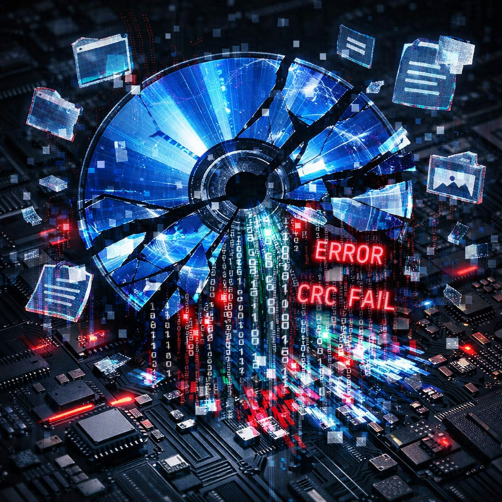 Разбитый синий диск с вытекающими потоками бинарного кода и ошибками CRC.